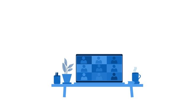 Animation of a virtual meeting on a laptop with a minimalist desk setup