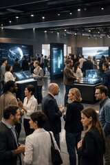 Obraz premium Diverse business professionals networking at a modern tech exhibition.