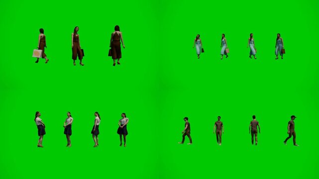 3d animated cartoon animation people walking and standing on green screen chromakey background. Diverse animated characters in casual outfits moving naturally creating realistic pedestrian crowd flow 