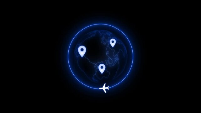 Glowing Globe with Location Pins and Airplane Icon Animation