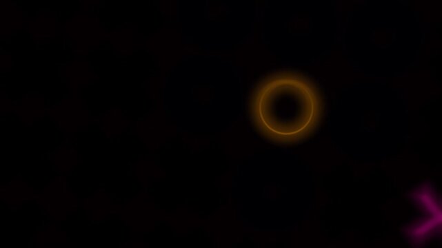 Glitching gold circles and pink crosses pulse across a massive festival stage screen backdrop in a dynamic 3D animation loop for electronic music DJs