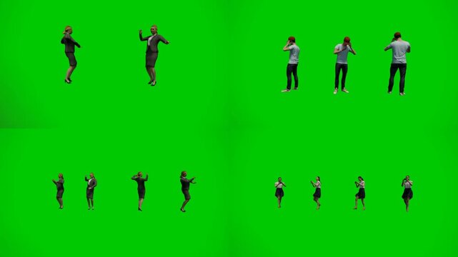 3d animated cartoon animation energetic people in dynamic poses on green screen chromakey background. Lively animated characters performing actions perfect for celebration and event crowd simulation p