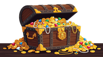Open Treasure Chest Overflowing with Gold Coins, Jewels, and Pearls on Wooden Surface © Soheh