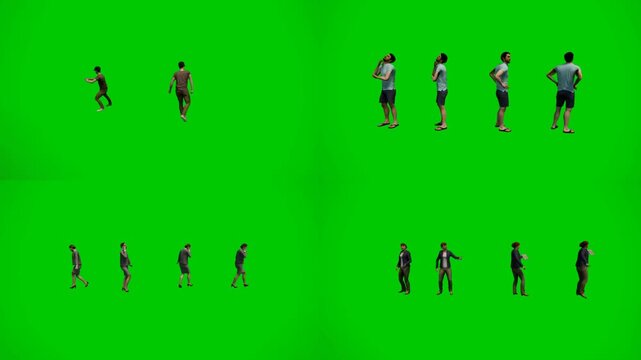 3d animated cartoon animation people in casual walking poses on green screen chromakey background. Animated characters creating natural pedestrian flow perfect for street urban lifestyle and daily sim