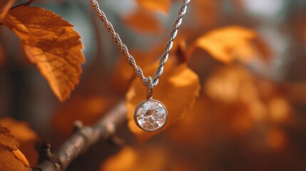 Fototapeta premium Silver necklace with diamond pendant hanging outdoors. Luxury jewelry accessory against blurred orange autumn foliage. Elegant gift for celebration of Valentine, wedding or engagement.