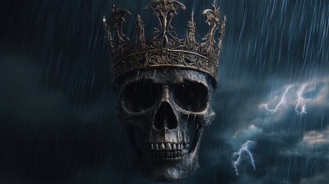 Human skull wearing gold crown under rain and lightning. Medieval king symbol depicting mortality and power. Gothic concept of death, darkness, and fallen empire in night storm.