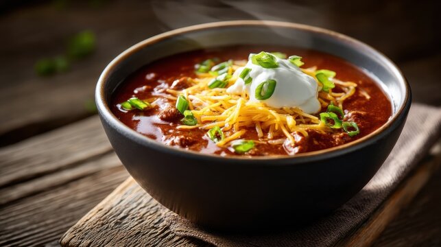Bowl of homemade beef chili topped with shredded cheddar cheese and sour cream. Hot hearty stew served on rustic wooden table. Delicious comfort food for cold weather dinner menu meal.