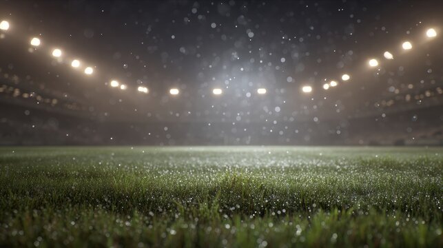 Empty football stadium field at night under bright stadium lights. Wet grass with dew drops on soccer pitch. Professional sport arena concept for game night competition championship event.