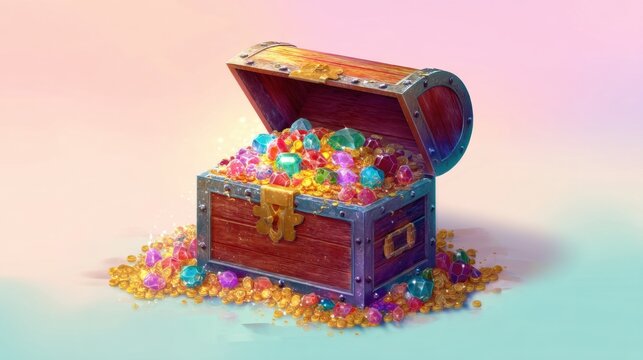Opened antique treasure chest filled with gold coins and colorful gemstones. Wealth, fortune and riches concept. Pile of jewelry and bounty in wooden trunk for fantasy game design.