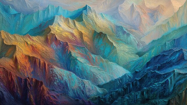 Oil painting of majestic mountain landscape with textured brushstrokes. Abstract art representation of rocky peaks and deep valleys. Colorful nature scene for interior decor design.