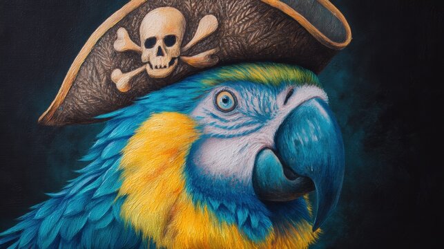 Parrot wearing a pirate hat with skull and crossbones emblem. Bird as a buccaneer character. Tropical animal in captain costume, digital painting of an exotic macaw for creative art.