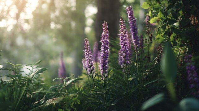Purple liatris flowers blooming in sunny forest. Wild perennial plants growing in nature. Summer meadow flora for gardening design. Botanical beauty of natural environment and ecology.