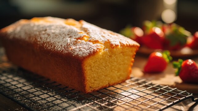 Freshly baked pound cake with powdered sugar on a cooling rack with strawberry garnish. Homemade sponge loaf for bakery website or food blog. Gourmet dessert and pastry concept.