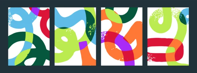 Abstract colorful posters set with bold overlapping ribbon, doodle lines. Curvy textured brushstrokes patterns, modern creative cards. Background designs with brush strokes. Flat vector illustrations © Good Studio