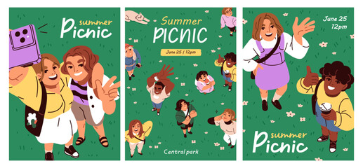 Fototapeta premium Summer picnic posters set with people outdoors, top view. Happy friends on grass, in park, nature from above, greeting, smiling, waving with hands, card designs, templates. Flat vector illustrations