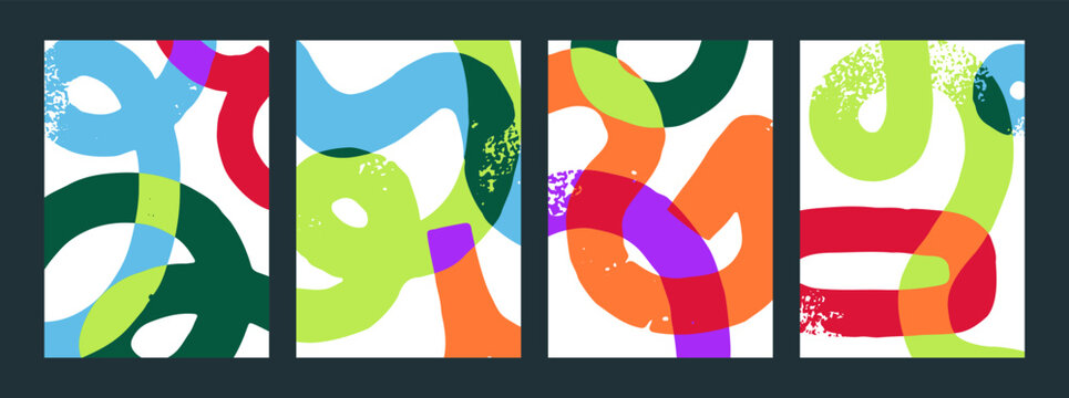 Abstract colorful posters set with bold overlapping ribbon, doodle lines. Curvy textured brushstrokes patterns, modern creative cards. Background designs with brush strokes. Flat vector illustrations