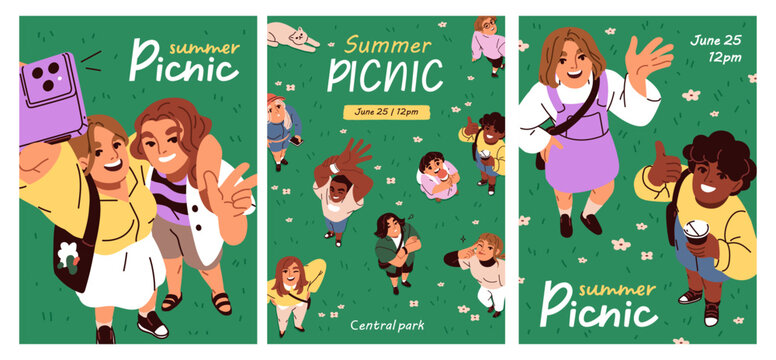 Summer picnic posters set with people outdoors, top view. Happy friends on grass, in park, nature from above, greeting, smiling, waving with hands, card designs, templates. Flat vector illustrations