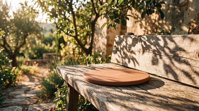 Round terracotta stone plate on old wooden bench under olive tree shadow ideal for organic skin care or pottery product catalog