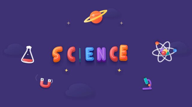 Animated colorful science text with chemistry beaker and atom icons on purple background