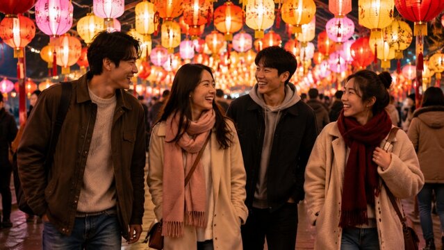 A group of four friends laughing and walking through a street festival illuminated by a sea of colorful Chinese lanterns, celebrating at night