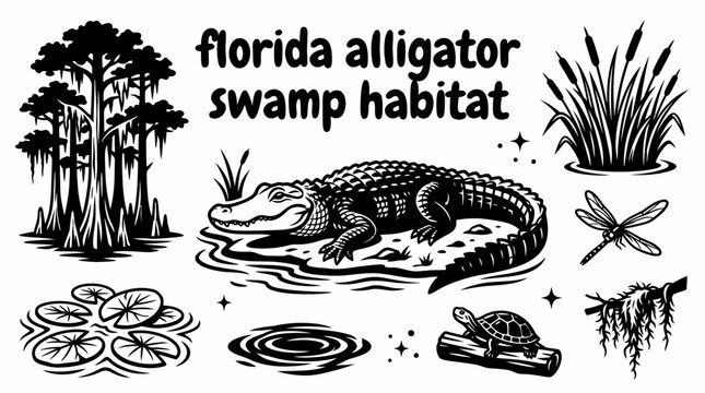 large american alligator resting beside a freshwater swamp in florida surrounded by cypress trees marsh grasses lily pads and quiet wetlands creating an authentic subtropical wildlife habitat