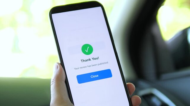 Complete mobile rating journey inside a car. User selects a 3-star rating, posts a review, and receives a Thank You confirmation. 