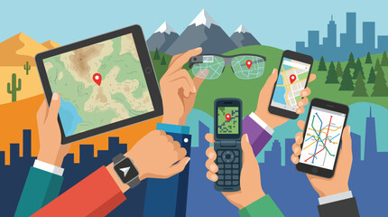 Obraz premium A colorful illustration showing diverse hands holding multiple technology devices, highlighting the integration of technology in our everyday lives and navigation.
