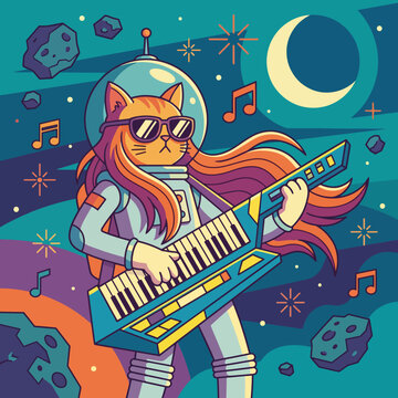 A stylish space cat is playing a keytar while floating among asteroids and stars, showcasing a fun, futuristic, and creative musical atmosphere in space.