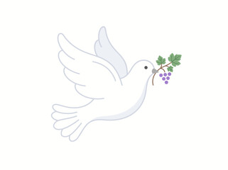 Fototapeta premium White Dove Carrying Grape Branch Flat Vector Illustration