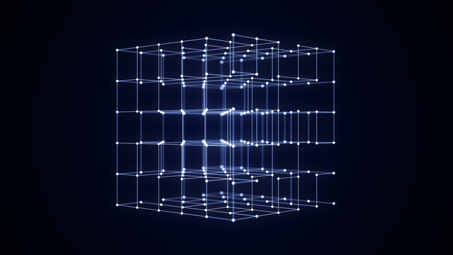 Abstract sci-fi cube with particle and line with digital indicators. Technology network connection on world. Global digital connections ai. Wireframe cube. Blockchain encryption. 3D rendering.