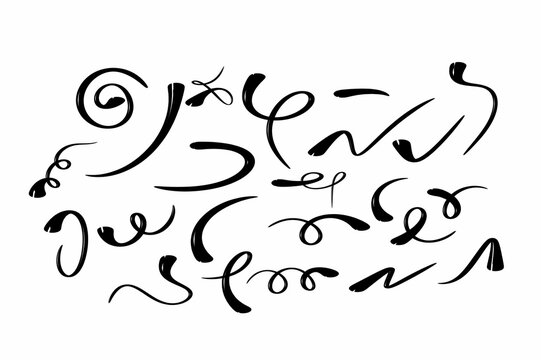 Chinese brush strokes swirl, line curve, calligraphy paint spiral elements. Hand drawn chinese ink brush paint stroke swish, swoosh wave doodles. Grunge texture abstract line. Vector illustration