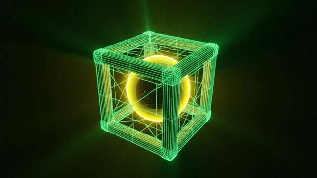 Futuristic 3D wireframe cube encasing a glowing sphere, abstract digital art display