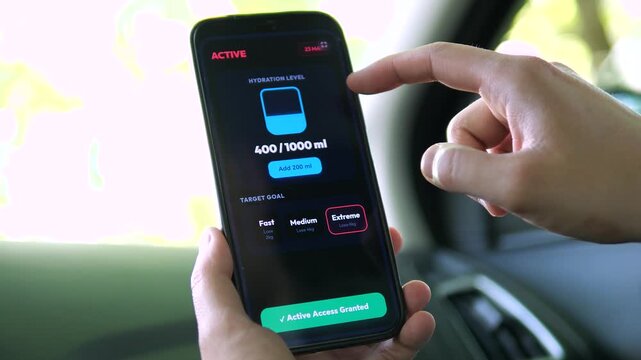 Mobile biohacking and health analytics in action. User monitoring daily water intake and selecting personalized training modes. Seamless UI interaction inside a vehicle. Essential visual for