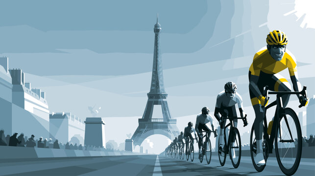 Stylized Illustration of a Professional Cycling Race during the Tour de France in Paris with the Eiffel Tower