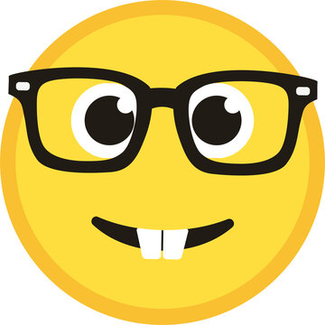 Yellow face with thick-rimmed glasses, buck teeth, smiling expression represents intelligence, quirkiness, playful personality.