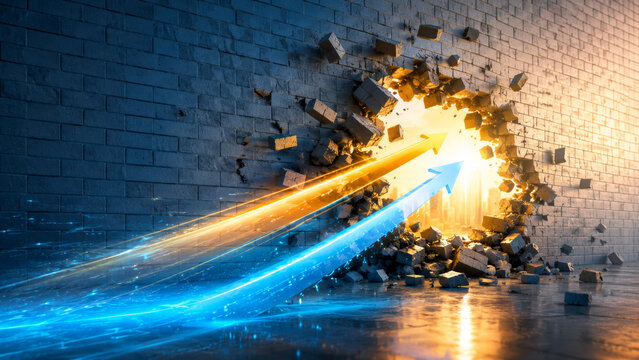 Strategic growth and future planning illustrated by dynamic montage of arrows breaking through brick wall toward 2027, symbolizing innovation and breakthrough success