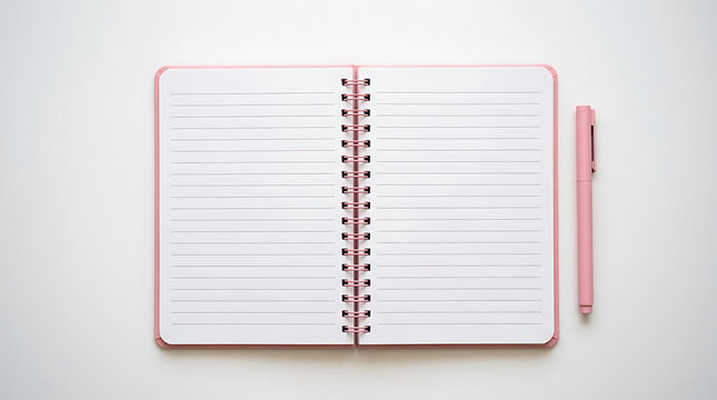 Open pink spiral notebook with lined pages and matching pen isolated on white background
