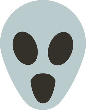 Simple graphic illustration depicts classic grey alien head with large dark eyes, oval shape, open mouth.