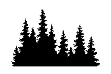 Fir trees silhouette. Coniferous spruce horizontal background pattern, black evergreen woods vector illustration. Beautiful hand drawn panorama of coniferous forest © designer_things
