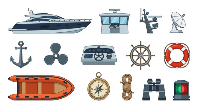 Nautical equipment and boat illustrations for marine themes.
