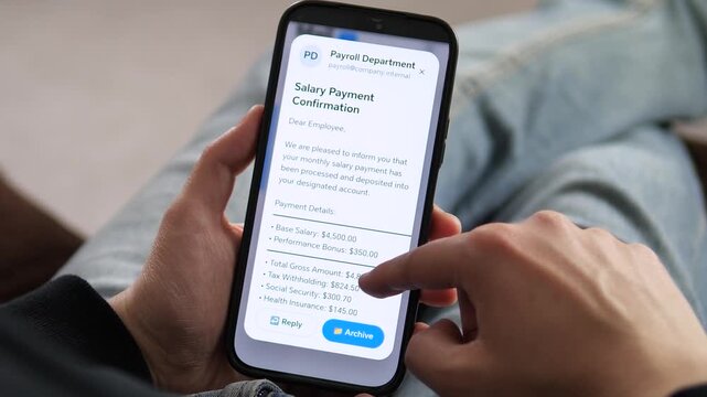 Detailed salary payment notification on a smartphone. User scrolls through a comprehensive pay stub showing gross amount, withholdings, and net deposit. 