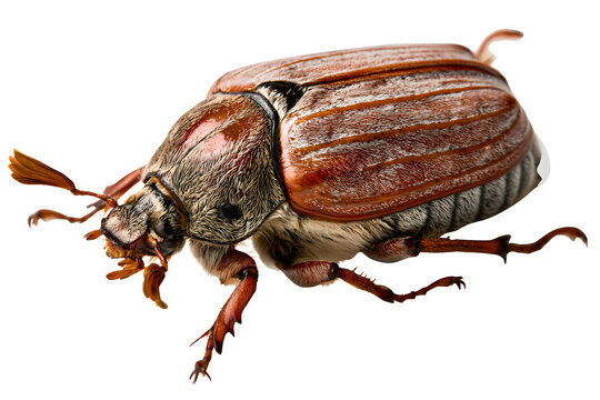 Could you examine the bug beetle or cockchafer (Melolontha melolontha) from PNG, which is captured in a macro shot with a transparent background?