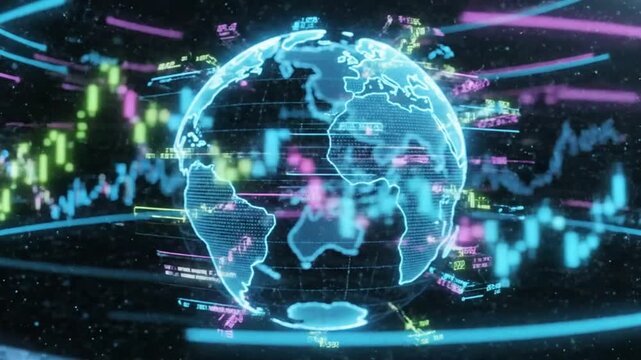 Global Data Network Earth Globe Concept Showing Digital Information Flow and Business Trading Charts