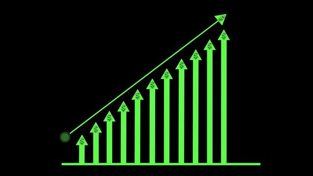 Ascending bar-arrow growth chart animation, Bar-chart arrows and an upward diagonal arrow from left to right, minimalist financial growth concept