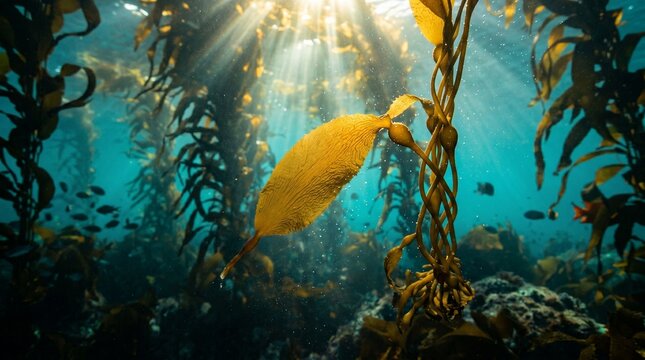 Kelp Forest Underwater Scene with Sunlight Through Water Seaweed