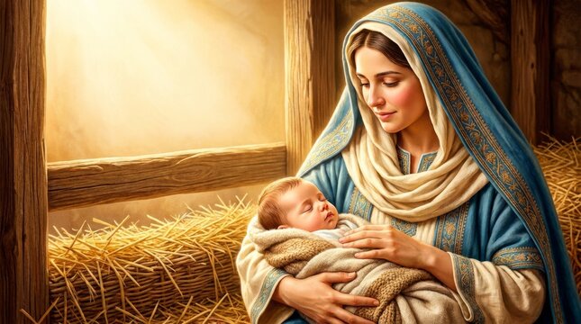 The blessed virgin mary cradles baby jesus under the guiding star, depicting the nativity scene with a soft, warm glow. illustration
