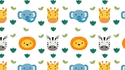 Obraz premium Safari animals seamless cartoon pattern. Seamless animal elephant, lion, zebra, giraffe pattern elements vector illustration set for kids design.