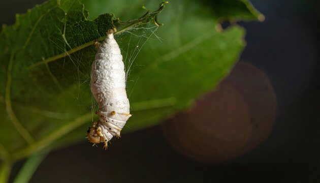 Silkworm caterpillar spinning its protective chrysalis attached to a green leaf, showcasing nature's intricate transformation process