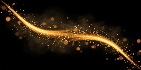 A golden luminous wave of sparkling particles against a dark background, evoking a sense of magic and celebration. © Julya