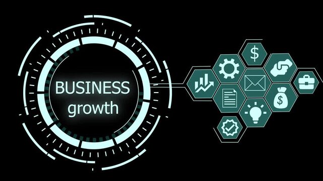 Business growth hud with hexagon icons animation, Background with circular HUD graphic reading business growth connected to blue hexagonal icons